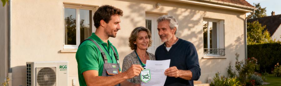 Artisan certifié RGE QualiPAC présentant ses qualifications à des propriétaires devant leur pavillon à Saint-Germain-en-Laye