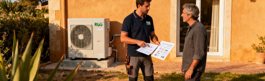 Artisan RGE QualiPAC présentant une proposition d'installation pompe à chaleur à un propriétaire à Menton