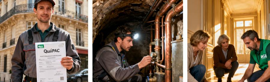Artisan certifié RGE QualiPAC inspectant circuit chauffage ancien et conseillant propriétaires Paris 17e