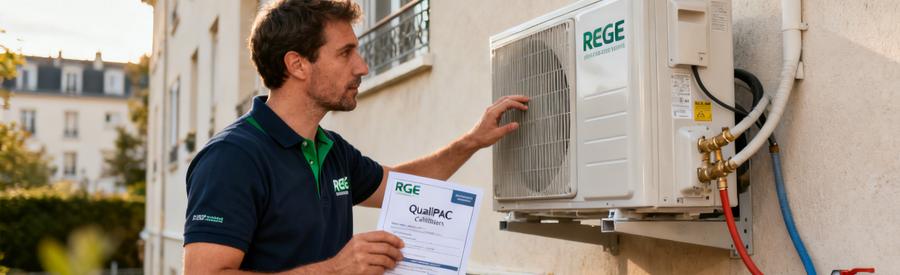 Technicien RGE QualiPAC inspectant une pompe à chaleur installée sur pavillon à Franconville