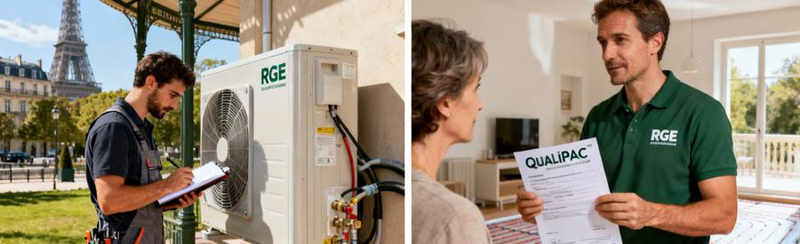 Artisan Rge Qualipac Pompe Chaleur Maisons Alfort Artisan RGE certifié QualiPAC inspectant une pompe à chaleur à Maisons-Alfort pour garantir performance et conformité