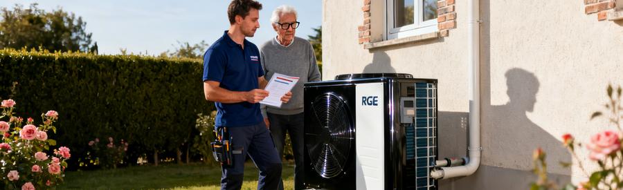 Artisan certifié RGE QualiPAC présentant ses qualifications devant une pompe à chaleur installée dans le Val-d'Oise