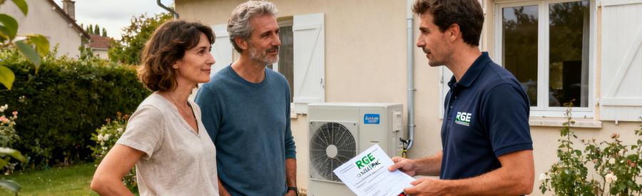 Artisan RGE QualiPAC présentant sa certification à des propriétaires devant leur pompe à chaleur à Taverny
