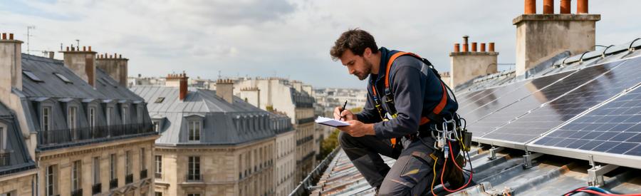 Artisan Rgequalipv Toiture Zinc Paris 7e Artisan RGE QualiPV inspectant une toiture en zinc parisienne avant installation de panneaux solaires Paris 7e