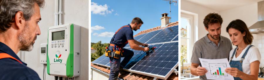 Trois modes d'utilisation de l'énergie solaire : compteur, installation toiture et consultation document par propriétaires