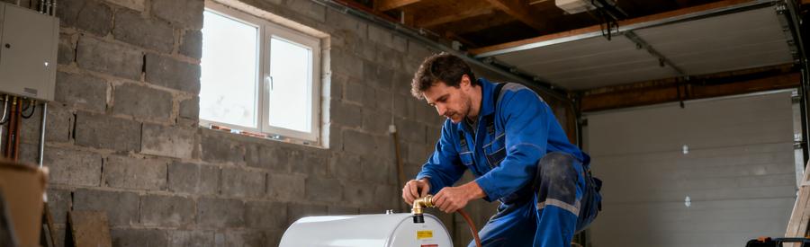 Devis ballon thermodynamique : Artisan installant un ballon thermodynamique sur air ambiant dans un garage, local technique non chauffé