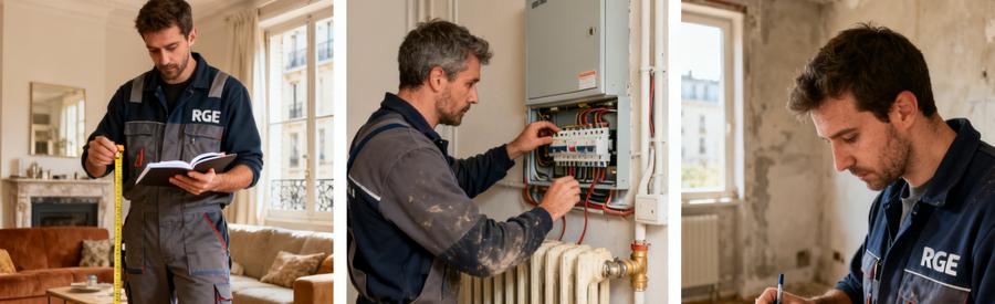 Technicien RGE réalisant un bilan thermique complet avant installation pompe à chaleur à Ivry-sur-Seine