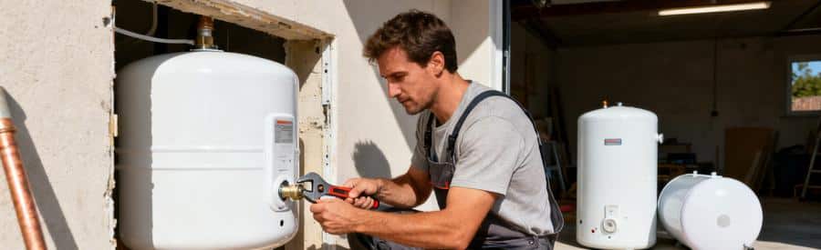 Devis ballon électrique : Plombier installant un ballon d'eau chaude électrique dans local technique, comparaison modèles résistance
