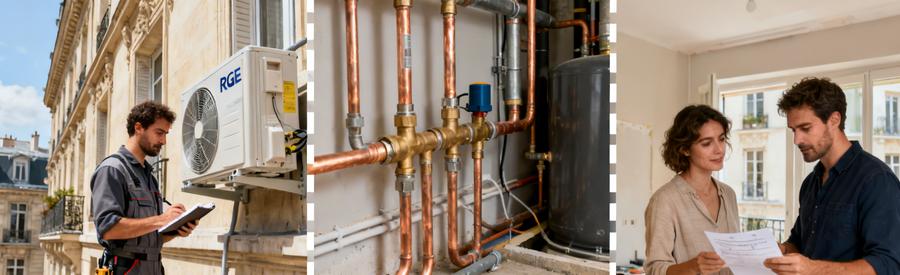 Artisan RGE évaluant installation pompe à chaleur Paris 17e : unité extérieure, raccordements et estimation travaux