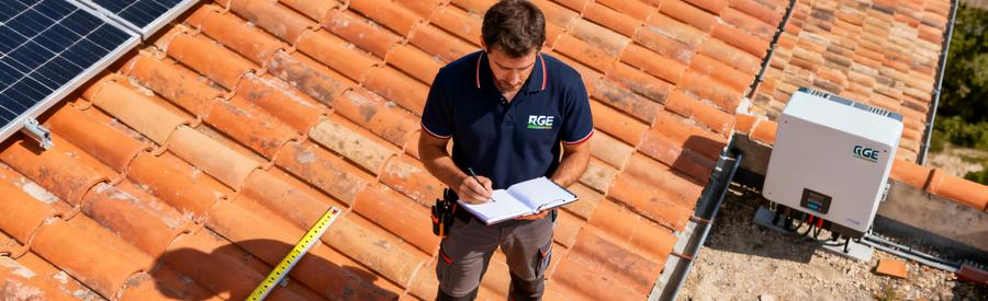 Devis panneaux solaires : Artisan RGE évaluant la surface de toiture pour chiffrer une installation de panneaux photovoltaïques