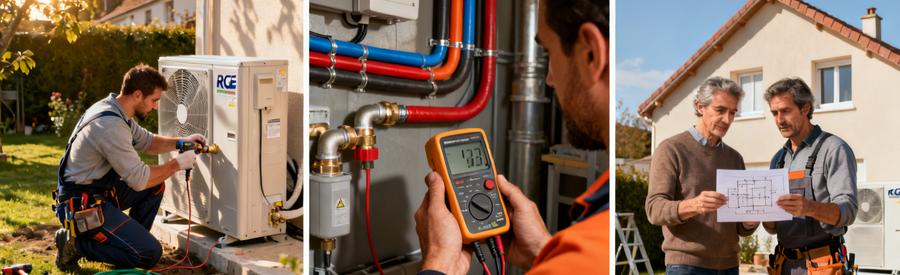Artisans RGE installant et dimensionnant une pompe à chaleur dans un pavillon de Cergy, Val-d'Oise