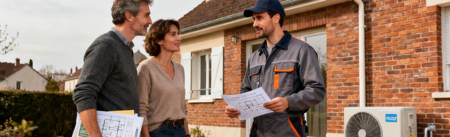 Budget Installation Pompe Chaleur Vitry Sur Seine Artisan RGE présentant estimation installation pompe à chaleur à propriétaires devant pavillon francilien