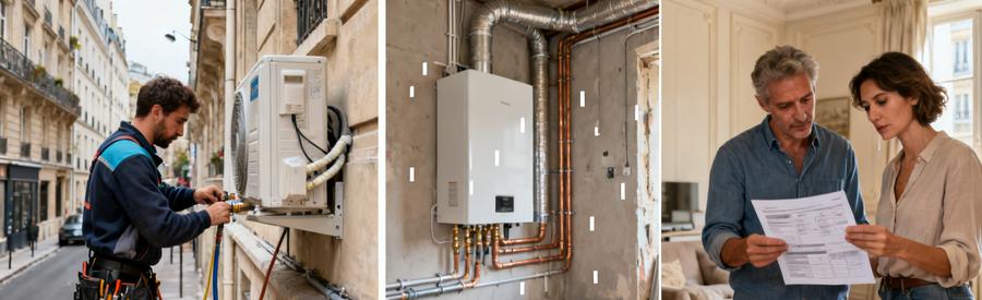 Comparatif installation pompe à chaleur Paris 11e : unité extérieure façade, local technique et choix équipement