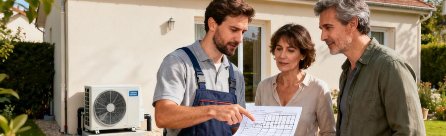 Budget Pompe A Chaleur Poissy Yvelines Artisan Rge Artisan RGE présentant le budget d'installation d'une pompe à chaleur à des propriétaires à Poissy
