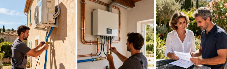 Artisan RGE installant une pompe à chaleur à Vallauris : unité extérieure, local technique et estimation travaux
