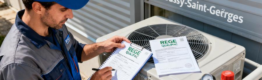 Certification Rge Qualipac Artisan Bussy Saint Georges Technicien RGE QualiPAC vérifiant documents de certification près d'une pompe à chaleur installée à Bussy-Saint-Georges