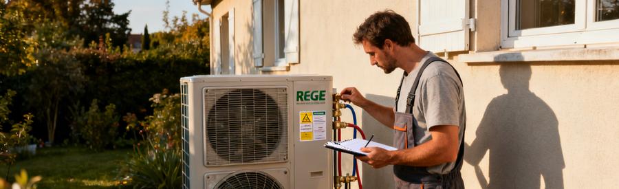 Artisan certifié RGE QualiPAC vérifiant la conformité réglementaire d'une pompe à chaleur aux Mureaux