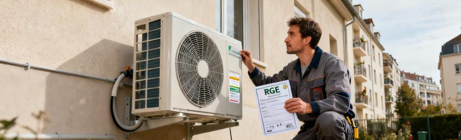 Technicien RGE certifié inspectant une pompe à chaleur extérieure avec document de certification à Nanterre