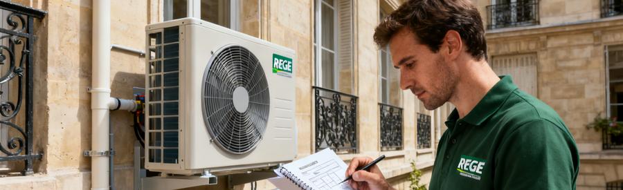 Artisan RGE QualiPAC vérifiant les normes techniques d'une pompe à chaleur dans une cour parisienne du 14e arrondissement