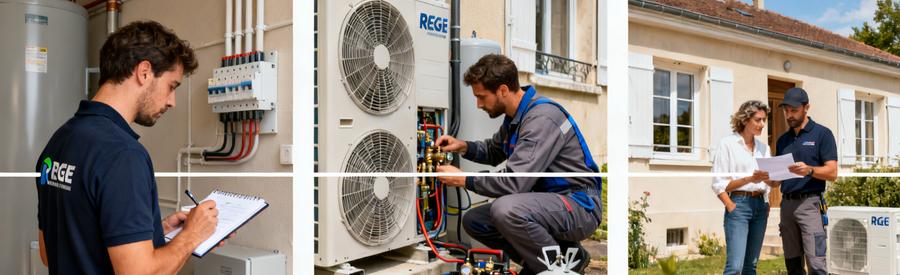 Artisan RGE réalisant visite technique et raccordement pompe à chaleur chez propriétaire à Aulnay-sous-Bois