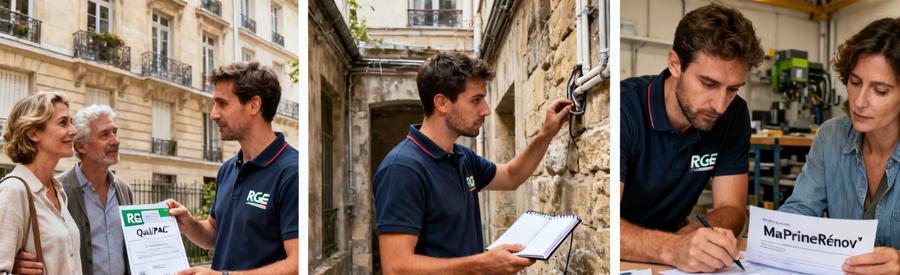 Artisan RGE QualiPAC présentant certification et dossier aides pompe à chaleur à propriétaires Paris 5e