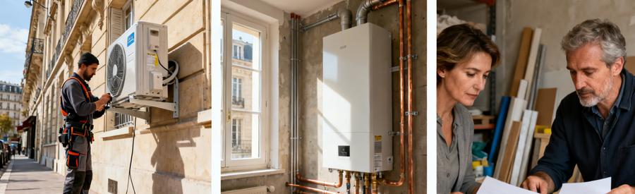 Comparatif installation pompe à chaleur Paris 7e : unité extérieure façade haussmannienne, raccordements et estimation artisan RGE