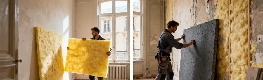 Artisan RGE comparant laine de verre et laine de roche pour isolation intérieure appartement Paris 7e