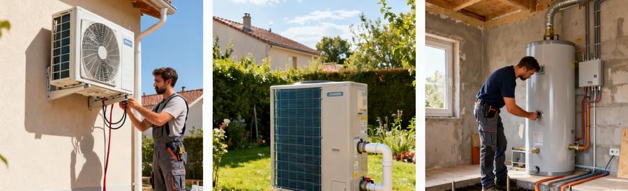 Comparatif trois types de pompes à chaleur pour devis : monosplit, air/eau et géothermique installés sur pavillon français