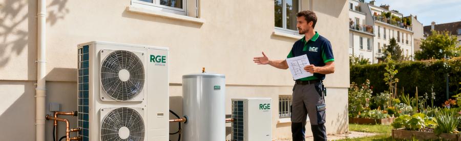 Artisan RGE présentant différents modèles de pompes à chaleur devant un pavillon à Ivry-sur-Seine