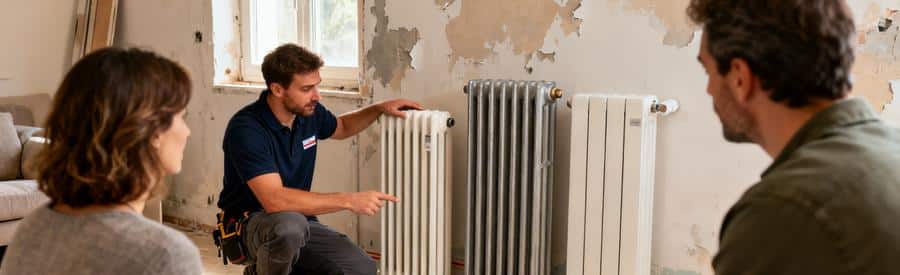 Devis radiateurs : Artisan chauffagiste comparant différents types de radiateurs avec des propriétaires dans un salon en rénovation