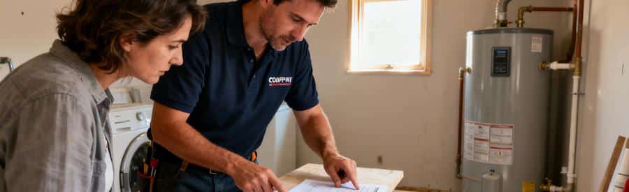 Devis ballon électrique : Propriétaire comparant plusieurs estimations ballon électrique avec un artisan plombier dans un local technique