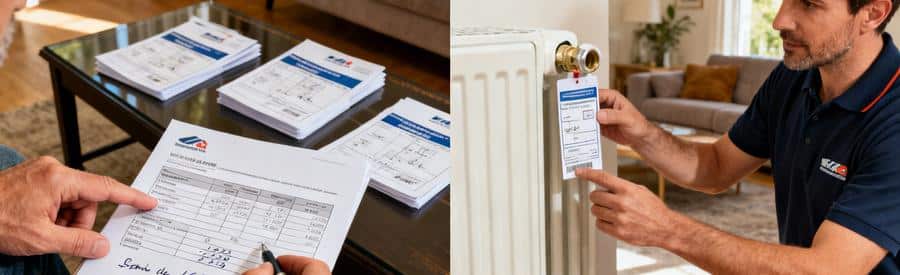 Propriétaire comparant plusieurs estimations radiateurs avec artisan RGE, vérification spécifications techniques avant signature