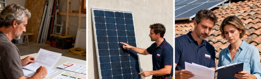 Devis panneaux solaires : Propriétaires comparant des documents techniques de panneaux solaires avec un installateur RGE certifié QualiPV