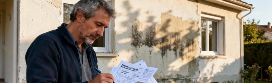 Devis isolation extérieure : Propriétaire comparant plusieurs offres d'isolation extérieure devant sa maison pavillonnaire française