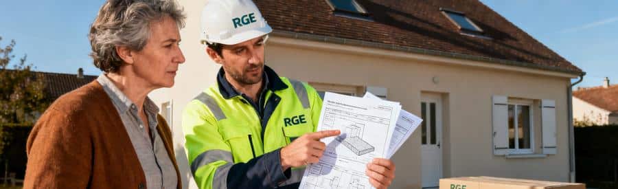 Devis isolation intérieure : Propriétaire comparant plusieurs estimations isolation intérieure avec un artisan RGE devant sa maison