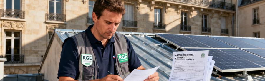 Artisan RGE QualiPV vérifiant documents de conformité Consuel pour installation solaire Paris 5e arrondissement
