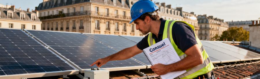 Électricien RGE vérifiant la conformité d'une installation photovoltaïque sur toiture parisienne, document Consuel en main