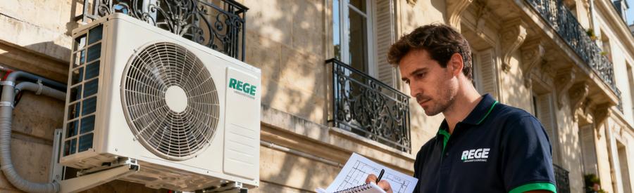 Artisan RGE vérifiant la conformité réglementaire d'une installation pompe à chaleur sur immeuble parisien 16e