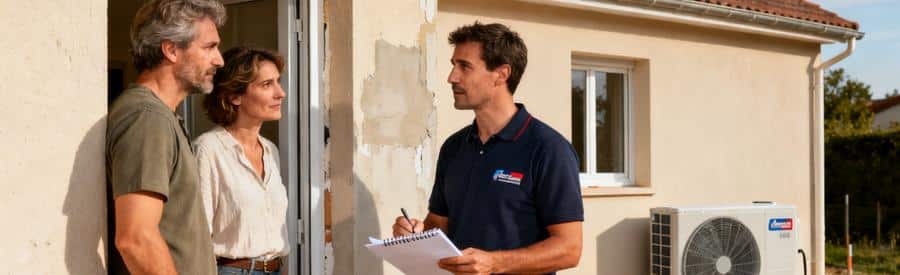 Artisan RGE QualiPAC présentant un devis pompe à chaleur détaillé à des propriétaires devant leur maison