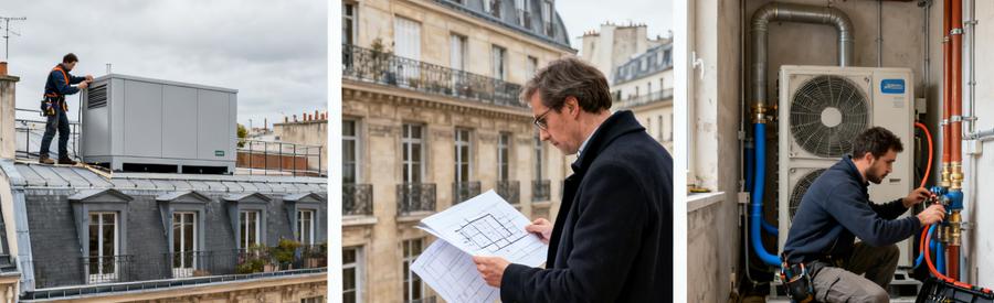 Installation pompe à chaleur Paris 1er : contraintes ABF, façade haussmannienne et local technique urbain