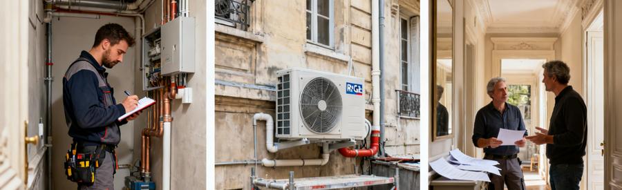 Technicien RGE évaluant les contraintes d'installation d'une pompe à chaleur dans un immeuble parisien haussmannien
