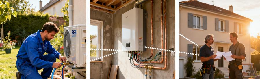 Installation pompe à chaleur dans un pavillon de Savigny-sur-Orge : unité extérieure, local technique et échange artisan propriétaire