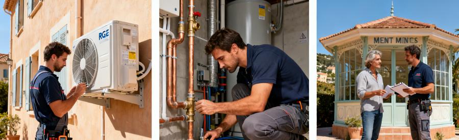 Artisans RGE installant et dimensionnant une pompe à chaleur dans une maison à Menton, Alpes-Maritimes