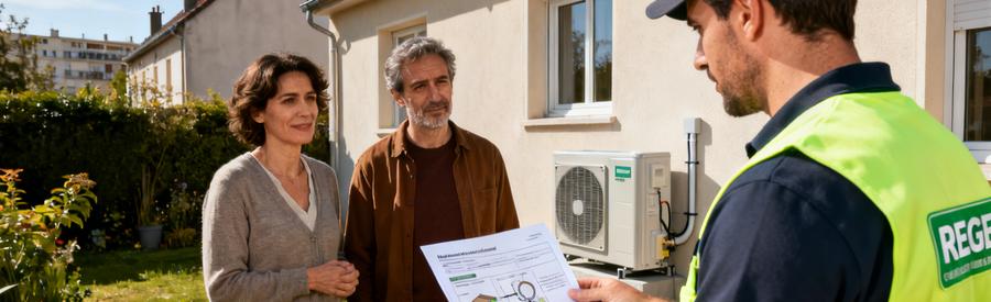 Artisan RGE présentant les options et budget d'installation d'une pompe à chaleur à des propriétaires à Saint-Denis