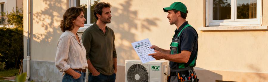 Artisan RGE présentant les tarifs d'installation d'une pompe à chaleur à des propriétaires à Asnières-sur-Seine