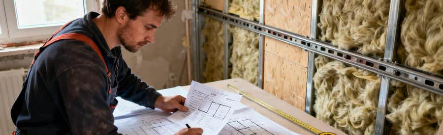 Devis isolation intérieure : Artisan isolation consultant estimations et relevés de surface dans pièce en cours de rénovation intérieure