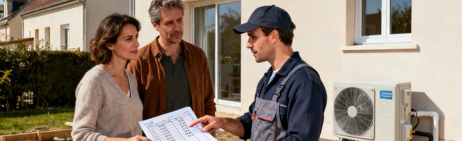 Artisan RGE présentant estimation pompe à chaleur à des propriétaires devant leur pavillon à Argenteuil