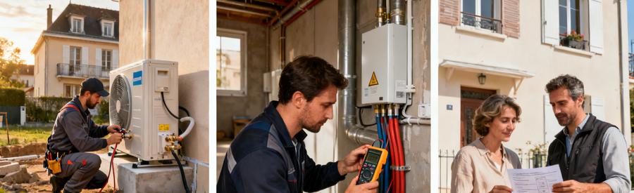 Artisans installant une pompe à chaleur à Drancy avec présentation des options tarifaires à des propriétaires