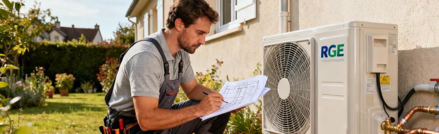 Artisan RGE vérifiant les données techniques d'une pompe à chaleur installée sur pavillon à Herblay-sur-Seine