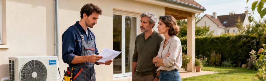Artisan RGE présentant estimation installation pompe à chaleur à propriétaires devant pavillon à Noisy-le-Grand